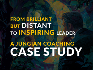 Illustration of a business leader transforming from detached brilliance to inspiring emotional connection, with Jungian symbols and warm light representing personal growth and leadership transformation.