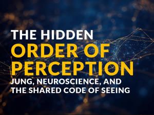 Abstract glowing neural network merging with cosmic patterns, symbolizing Jung’s archetypal order and the shared structure of human perception.