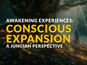 Human figure in a forest with glowing tree roots and leaves, symbolizing spiritual awakening, consciousness expansion, and Jungian wholeness