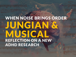 Surreal illustration of a human brain merging with musical waves and Jungian mandala symbols, representing harmony between sound, mind, and order in ADHD